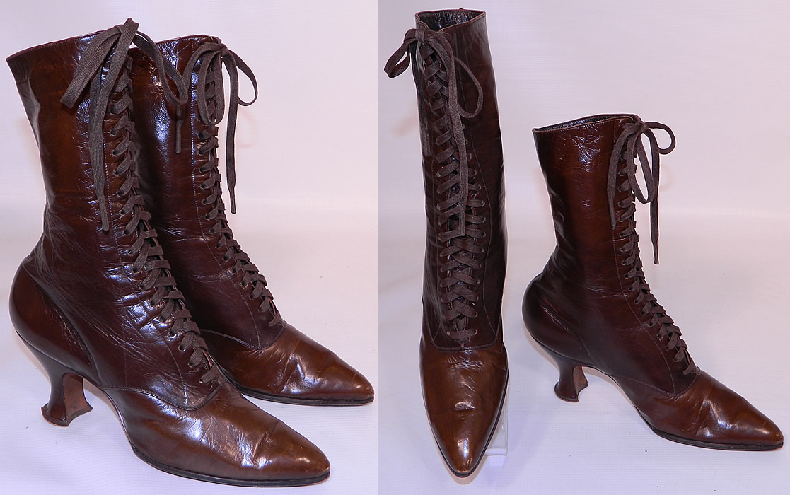 Victorian Marshall Field Co Chicago Brown Leather High Top Lace-up Boots. This pair of antique Victorian era Marshall Field Co Chicago brown leather high top lace-up boots date from 1900. They are made of a dark chocolate brown color leather.