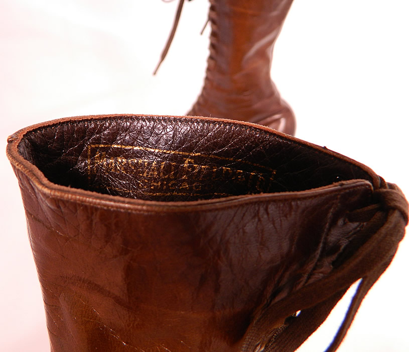 Victorian Marshall Field Co Chicago Brown Leather High Top Lace-up Boots. brown color leather. The boots have the original brown shoe laces, pointed toes and leather covered spool heels. They are lined inside and have a "Marshall Field & Co. Chicago" label sewn inside.