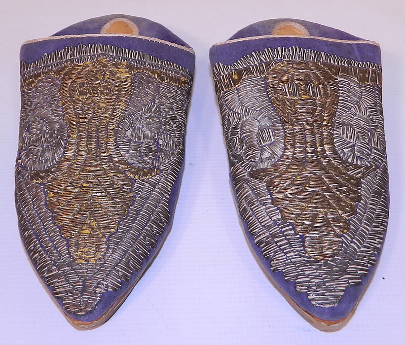 Vintage Moroccan Ladies Mules Cherbil Metal Embroidery Velvet Slipper Shoes. These ladies stunning slip-on slipper shoe, backless mules cherbil have pointed toes and multi layered stacked leather bottom soles.