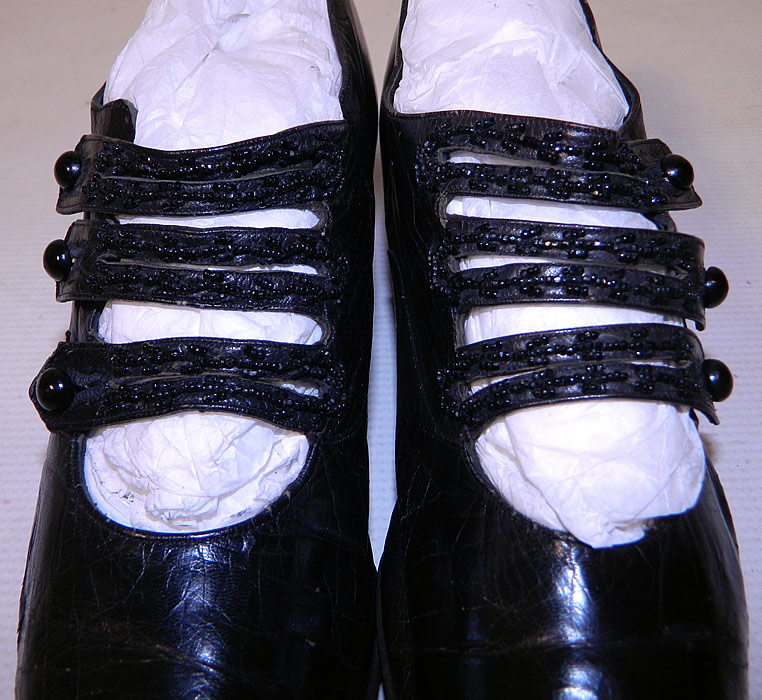 Victorian Black Leather Jet Beaded Button Strap Mary Jane Shoes. These antique shoes are difficult to size for today's foot but my guess would be approximately a US size 7 narrow width.