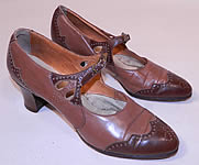 Vintage Two Tone Punchwork Brown Leather Buckle Strap Mary Jane Shoes.