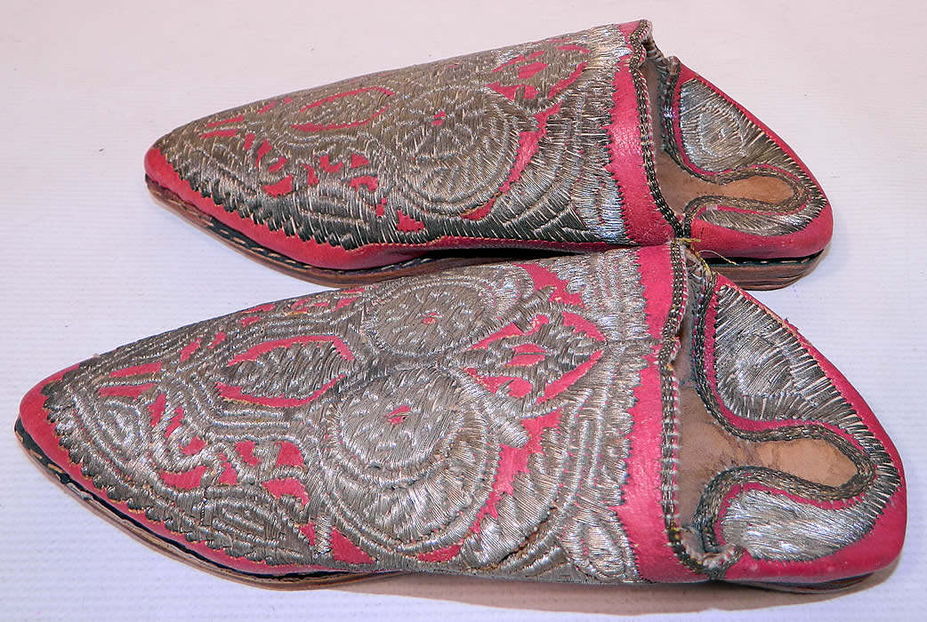 Vintage Moroccan Ladies Mules Cherbil Metal Embroidery Red Leather Slipper Shoes. These ladies stunning slip-on slipper shoe, backless mules cherbil have pointed toes and multi layered stacked leather bottom soles.