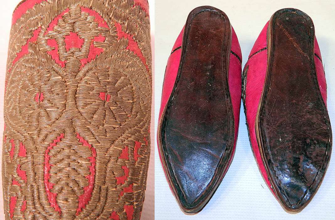 Vintage Moroccan Ladies Mules Cherbil Metal Embroidery Red Leather Slipper Shoes. These are truly a beautiful one of a kind piece of wearable antique Moroccan textile art! 