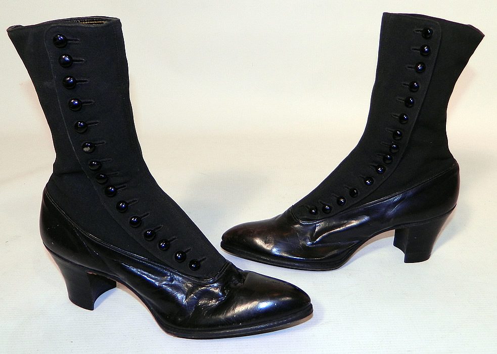 Unworn Victorian Black Wool & Leather High Top Button Boots Poehlman Shoe Co. This pair of unworn antique Victorian era black wool and leather high top button boots Poehlman Shoe Co. dates from 1900.