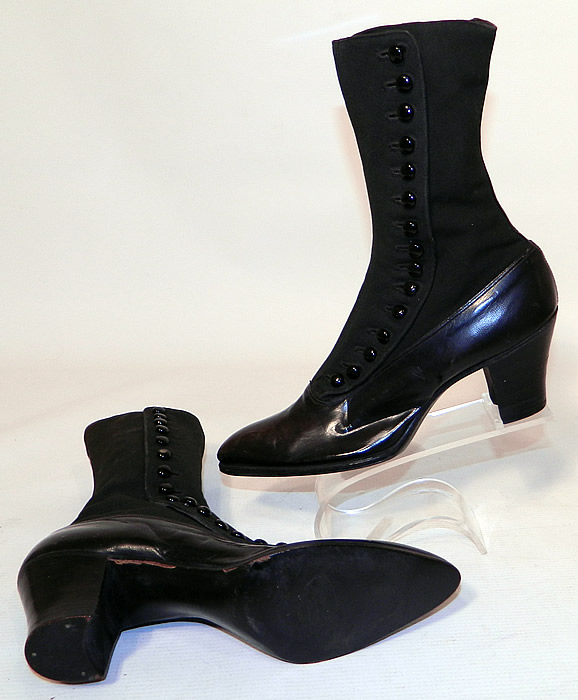 Unworn Victorian Black Wool & Leather High Top Button Boots Poehlman Shoe Co. These antique boots are difficult to size for today's foot, but my guess would be about a US size 6 or 7 narrow width. They are old store stock, in unworn excellent wearable condition. These are truly a rare and beautiful quality made antique boot! 