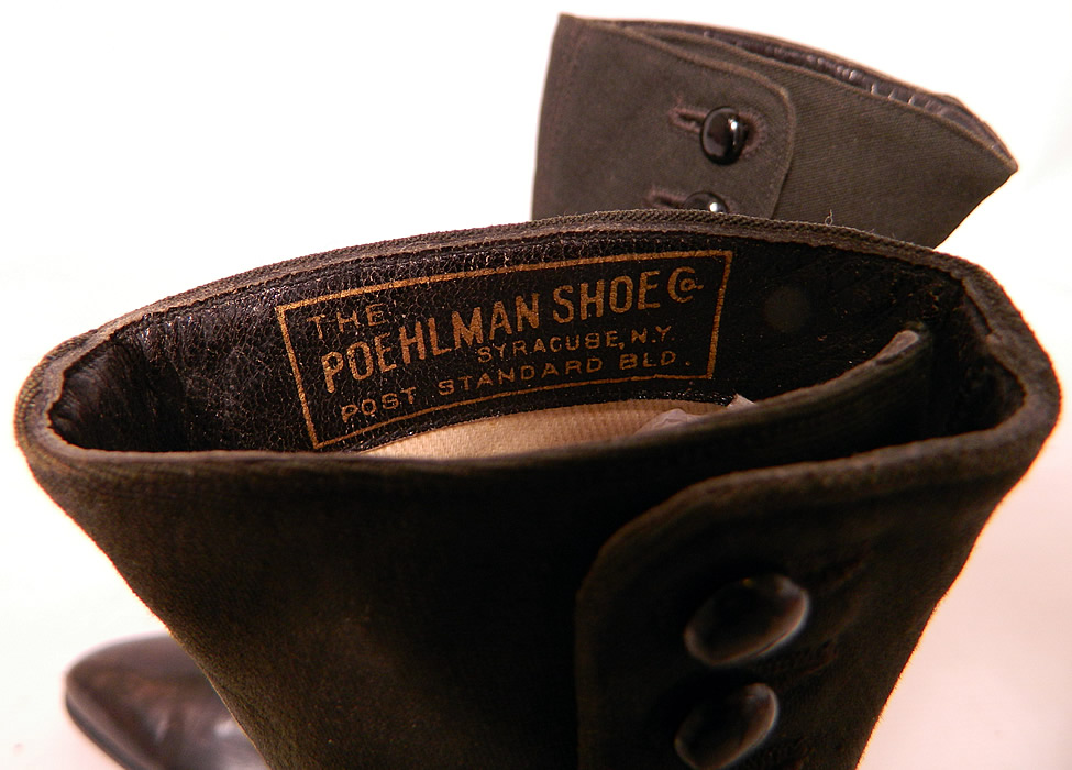 Unworn Victorian Black Wool & Leather High Top Button Boots Poehlman Shoe Co. They are stamped inside "The Poehlman Shoe Co. Syracuse, N.Y. Post Standard Bld." and "Harry H. Gray Syracuse N.Y." on the black soled bottoms. 