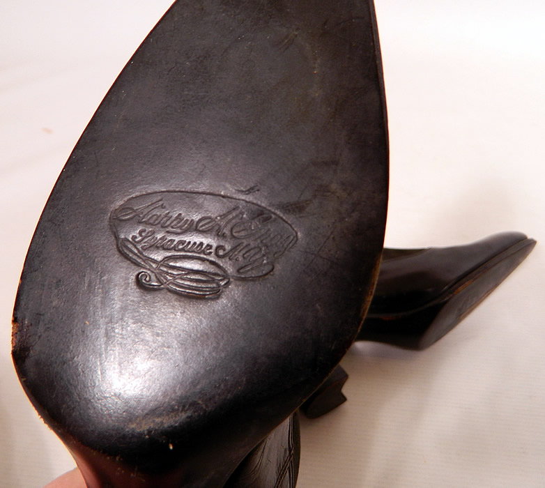 Unworn Victorian Black Wool & Leather High Top Button Boots Poehlman Shoe Co. They are stamped inside "The Poehlman Shoe Co. Syracuse, N.Y. Post Standard Bld." and "Harry H. Gray Syracuse N.Y." on the black soled bottoms. 