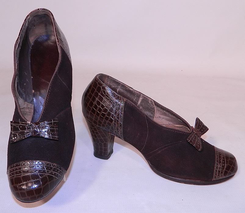 Vintage Brown Suede Leather Faux Alligator Print Bow Trim Swing Dance Shoes. They are made of a brown suede leather, with a faux alligator print stamped leather patchwork and bow trim front instep vamps.