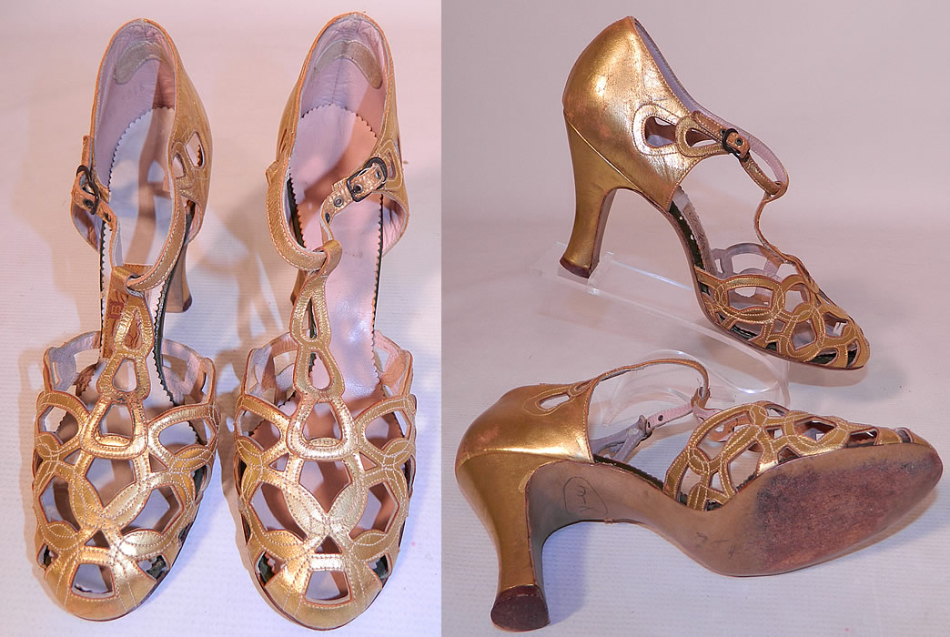 Vintage Quali Craft Art Deco Gold Leather Ring Chain Link Lattice T-Strap Shoes. The shoes measure 9 inches long, 2 1/2 inches wide, with 3 inch high heels. I would approximate the size to a US 6 narrow width. 