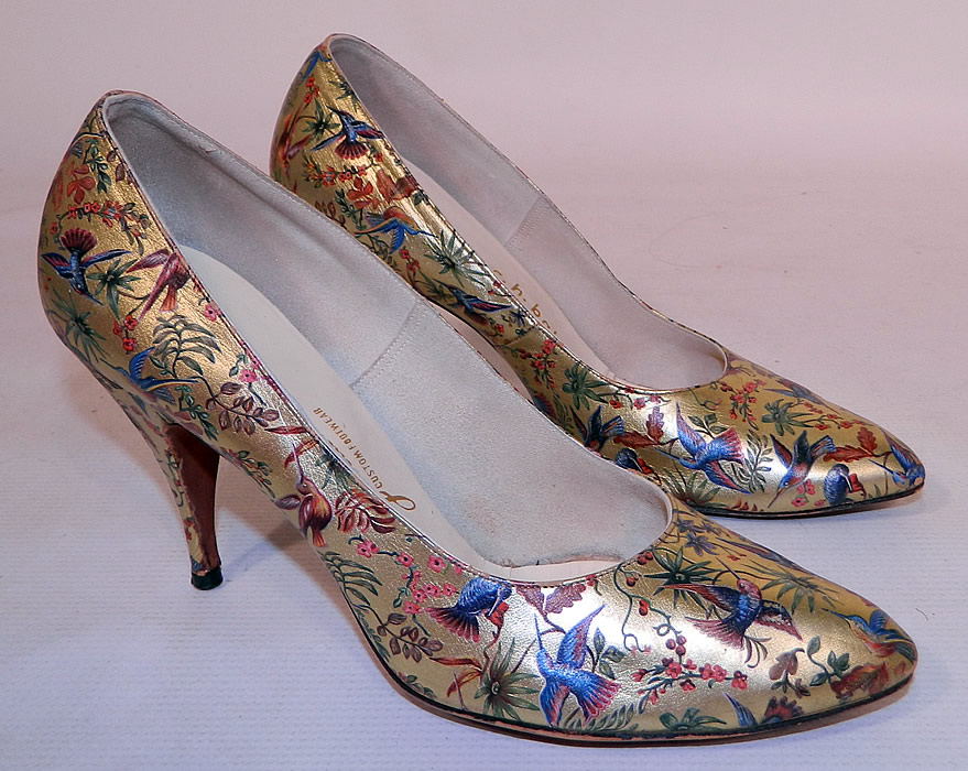 Vintage Galliano Gold Leather Botanical Hummingbird Print Stiletto Heel Shoes. This pair of vintage Galliano gold leather botanical hummingbird print stiletto heel shoes date from the 1950s.