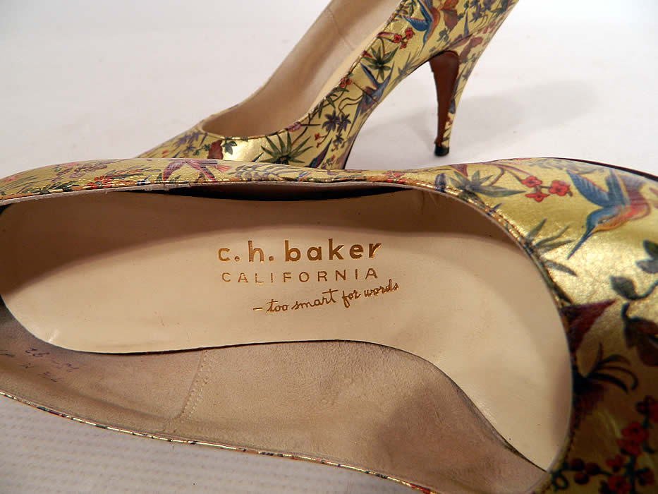 Vintage Galliano Gold Leather Botanical Hummingbird Print Stiletto Heel Shoes. There is a "Galliano Custom Footwear" and "C.H. Baker California" labels gold embossed on the insoles inside. 
