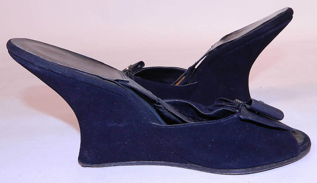 Vintage Black Suede Leather Rhinestone Bow Springolator Wedge Heel Mules Shoes. These sexy pin-up kitten mule style slipper shoes have open toes, a curvaceous wedge high heel and "Springolator" insoles. 