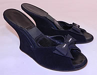 Vintage Black Suede Leather Rhinestone Bow Springolator Wedge Heel Mules Shoes