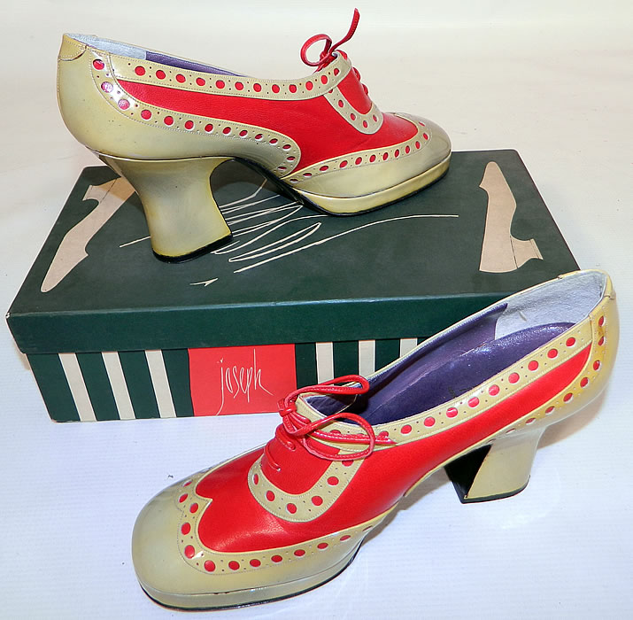 Unworn Vintage Jerry Edouard Joseph Red Eyelet Leather Oxford Platform Shoes & Box. These fabulous funky shoes have an oxford platform style, with a front lift, rounded toes, chunky high heels and red shoestring laces. 