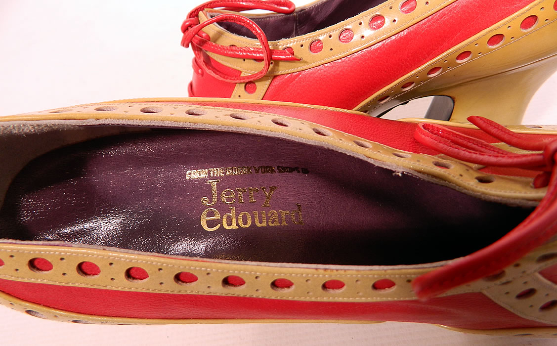 Unworn Vintage Jerry Edouard Joseph Red Eyelet Leather Oxford Platform Shoes & Box. There is a "Jerry Edouard", "Joseph Made in Greece" label gold embossed on the insoles and are stamped on the black bottom soles "Made in Greece D. Sevastakis". 