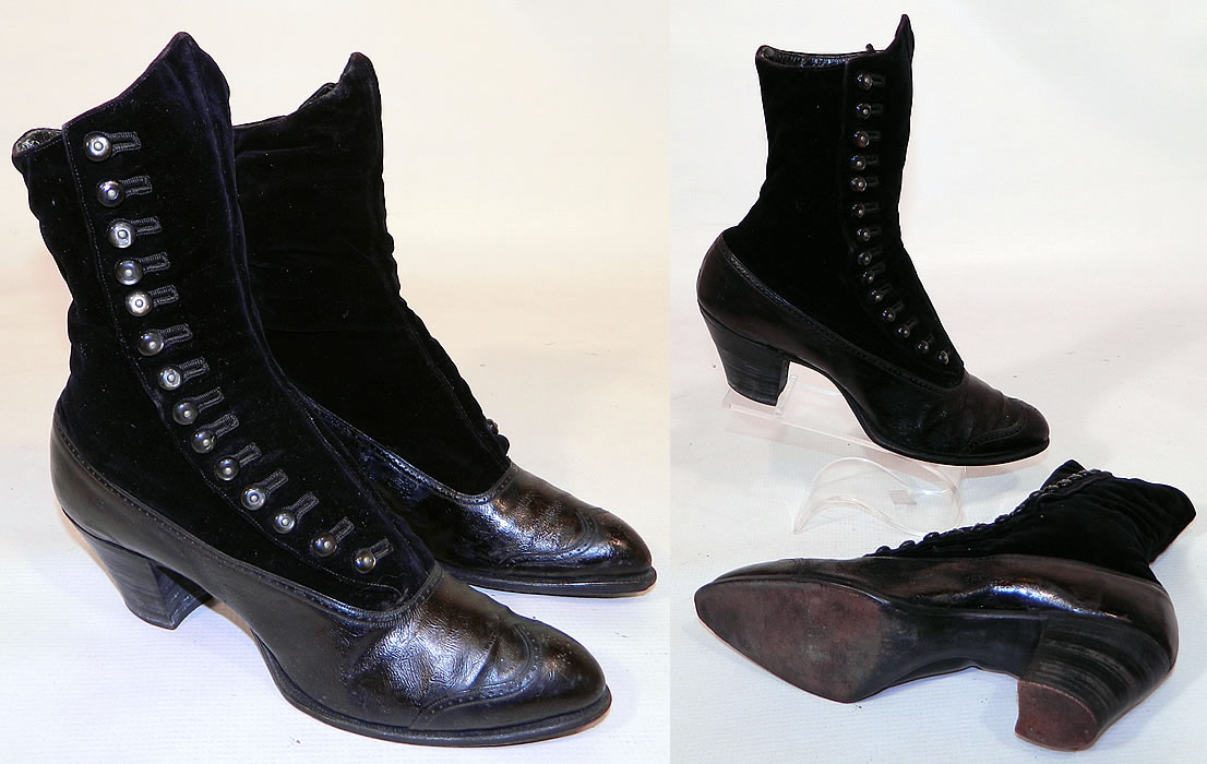 Victorian Black Velvet & Leather High Top Button Boots WH Tuttle Co Boston. The boots measure 9 inches tall, 10 inches long, 2 1/2 inches wide, with 2 1/2 inch high heels. These antique boots are difficult to size for today's foot, but my guess would be about a US size 6 narrow width. They are gently worn, in good wearable condition, with some flaking of the inside leather trim. These are truly a rare and beautiful quality made antique boot!