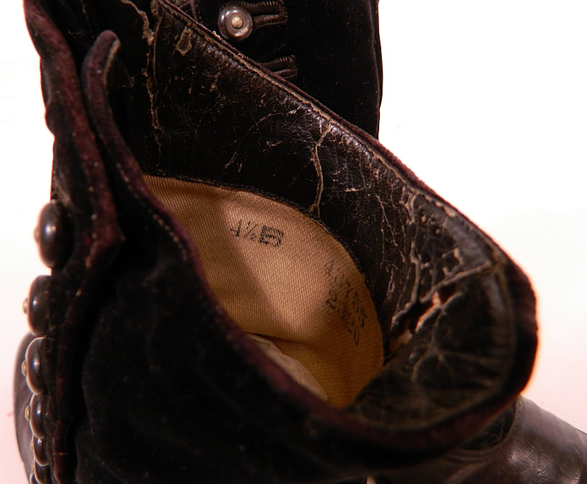 Victorian Black Velvet & Leather High Top Button Boots WH Tuttle Co Boston. They are stamped inside "The W.H. Tuttle Co. Boston" size 4 1/2 B.