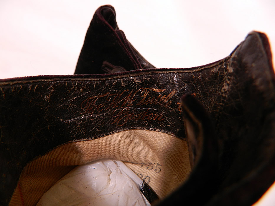 Victorian Black Velvet & Leather High Top Button Boots WH Tuttle Co Boston. They are stamped inside "The W.H. Tuttle Co. Boston" size 4 1/2 B.