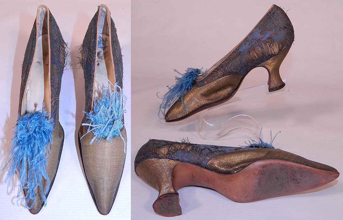 Edwardian Titanic Blue Silk Gold Lam&eacute; Damask Brocade Feather Trim Shoes. The shoes measure 10 inches long, 2 1/2 inches wide, with a 3 inch high heel and are stamped inside a size 4. 