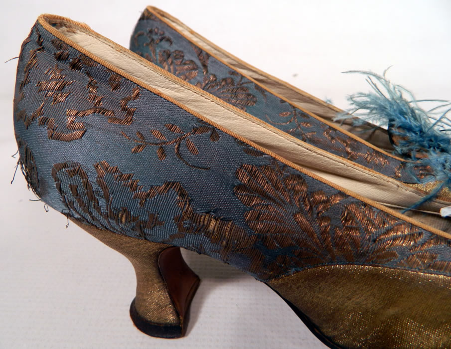 Edwardian Titanic Blue Silk Gold Lam&eacute; Damask Brocade Feather Trim Shoes. These are truly a wonderful unique quality made shoe!