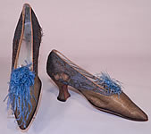 Edwardian Titanic Blue Silk Gold Lam&eacute; Damask Brocade Feather Trim Shoes