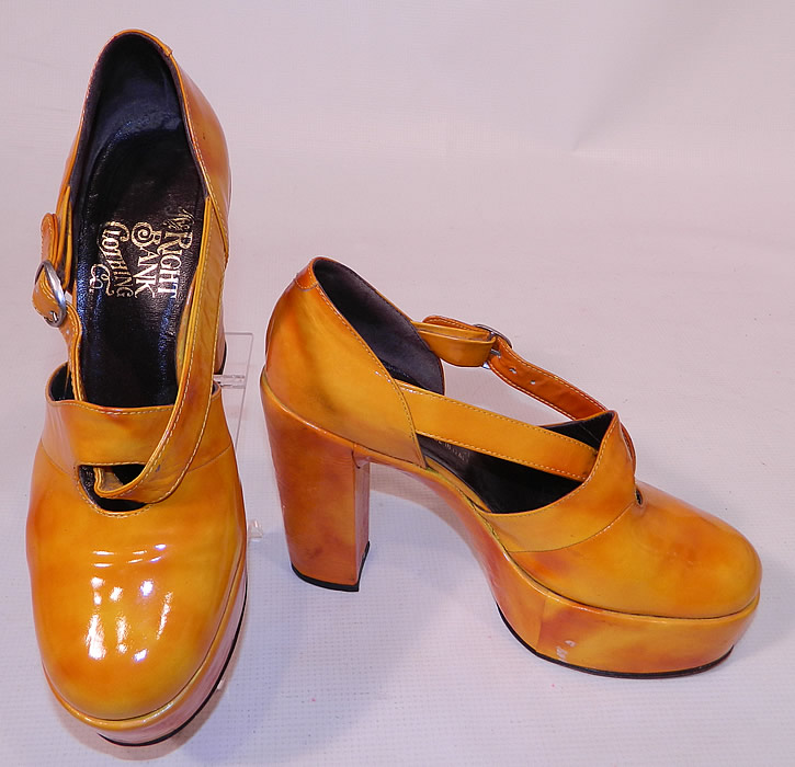 Vintage Mignani Right Bank Clothing Yellow Patent Leather Platform Shoes. They are made of a tie dye two tone gold yellow color patent leather. I would guess the approximate size to be a 7 1/2 or 8. They are in good condition and have been gently worn. These are truly a rare and wonderful piece of wearable shoe art!