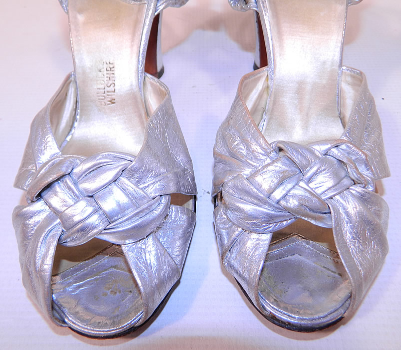 Vintage Bullock's Wilshire Silver Lam&eacute; Lame Leather Ankle Strap Evening Dance Shoes 
They are in good condition and have been gently worn, with some silver worn off the leather in areas which is barely noticeable. 