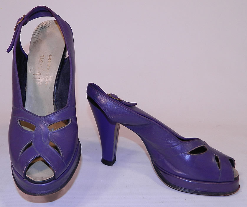 Vintage Alyson Style Classics Purple Leather Slingback Platform Shoes
This pair of vintage Alyson Style Classics purple leather slingback platform shoes date from the 1940s.