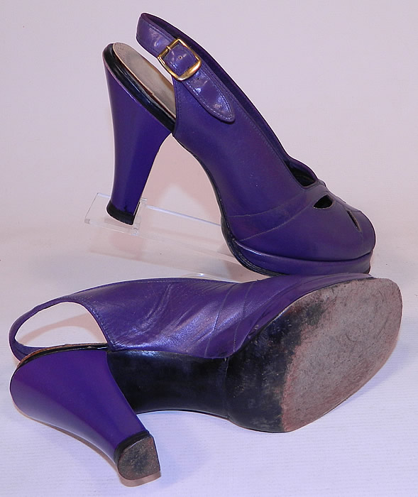 Vintage Alyson Style Classics Purple  Leather Slingback Platform Shoes
These sensational swing dance shoes pumps have a slip on style, with adjustable buckle slingback strap, peek-a-boo open toes, a platform lift front and modified boulevard heels. 