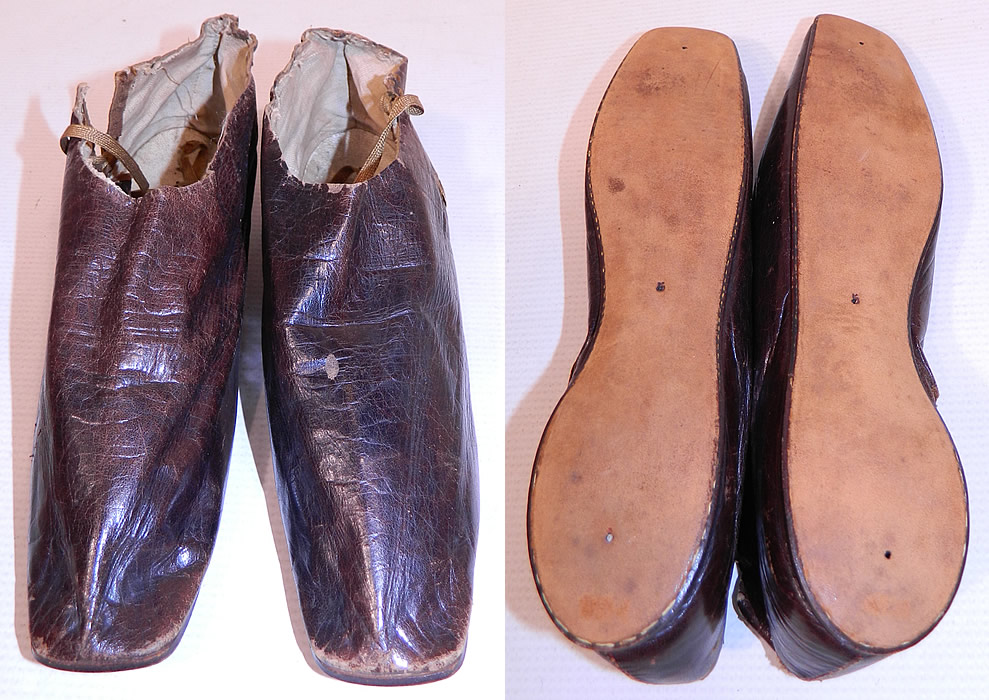 Victorian Brown Leather Crooked Sole Side Lacing Dainty Ankle Half Boots
They are in good condition, with some scuffs on the leather and is missing the binding trim around the tops. 