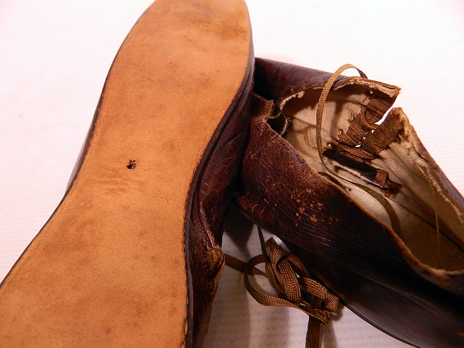 Victorian Brown Leather Crooked Sole Side Lacing Dainty Ankle Half Boots
These are a rare and early find of antique Victoriana shoe art!
