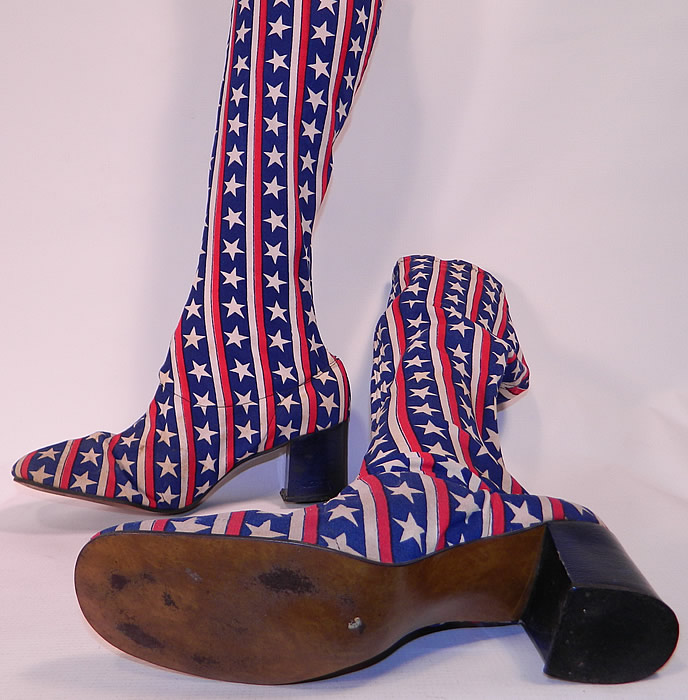 Vintage Patriotic Red White Blue Stars & Stripes Stretch Fabric Knee High GoGo Boots
The boots measure 17 inches tall, 10 inches long, 3 inches wide and 2 1/2 inch high heels. 
