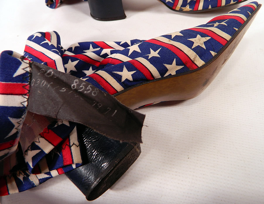 Vintage Patriotic Red White Blue Stars & Stripes Stretch Fabric Knee High GoGo Boots
These are truly a rare and wonderful unique quality made boot!