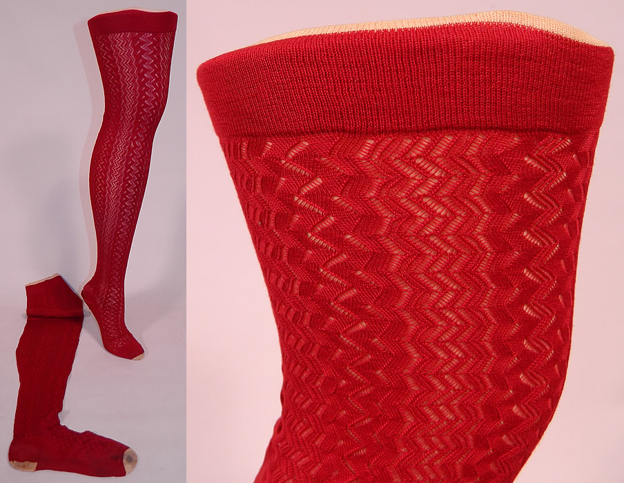 Victorian Red Cotton Knit Chevron Zigzag Pattern Thigh High Stockings Socks
This pair of antique Victorian era red cotton knit chevron zigzag pattern thigh high stockings socks date from 1900. They are made of a red cotton knit fabric, with a sheer woven chevron zigzag pattern design.
