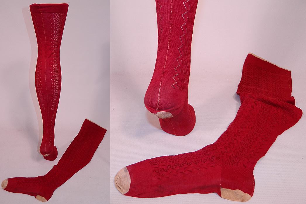 Victorian Red Cotton Knit Chevron Zigzag Pattern Thigh High Stockings Socks
These ladies lovely long thigh high stocking socks have a ribbed band top with white stripe trim, white capped toes & heels and a back seam. 