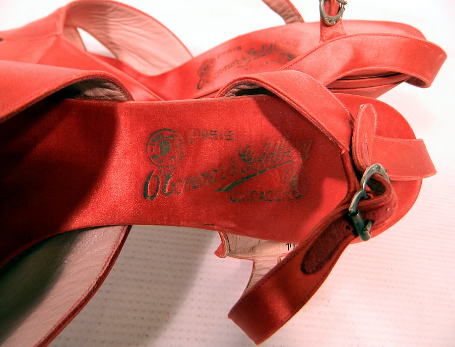 Vintage O'Connor & Goldberg Red Silk Satin Ankle Strap Evening Shoes
There is an "O'Connor & Goldberg Paris Chicago" label inside on the red satin insoles. 