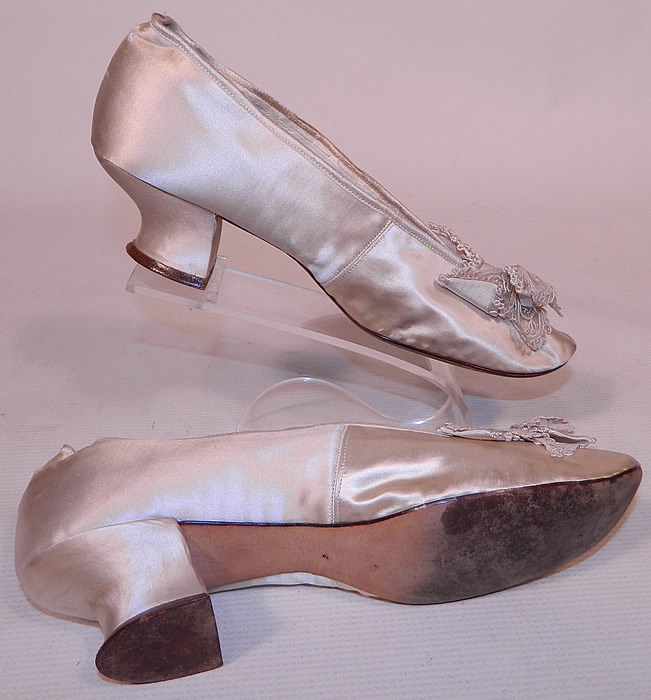Victorian Joel Swope Bro. Label White Silk Lace Bow Bridal Wedding Shoes
