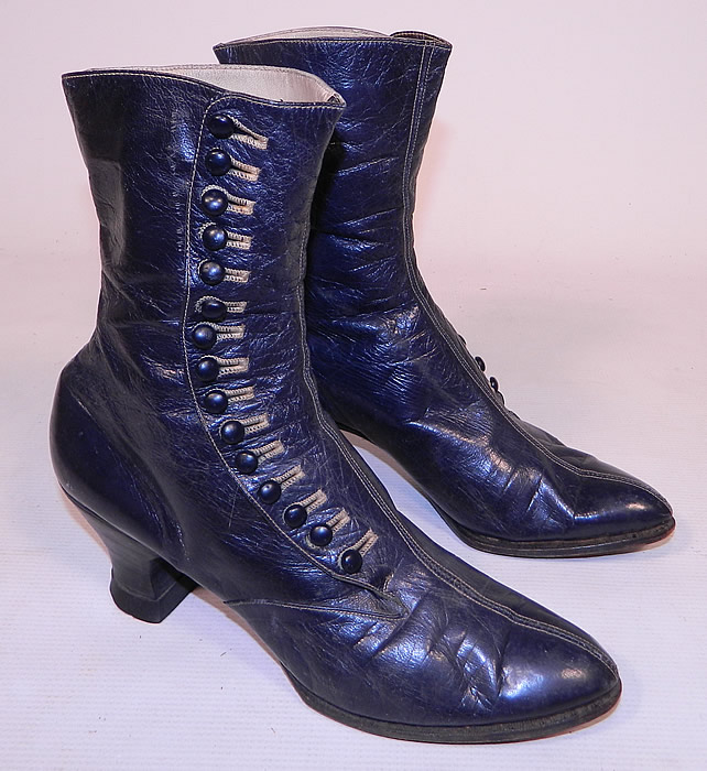 Victorian Women's Navy Blue Leather High Top Button Boots