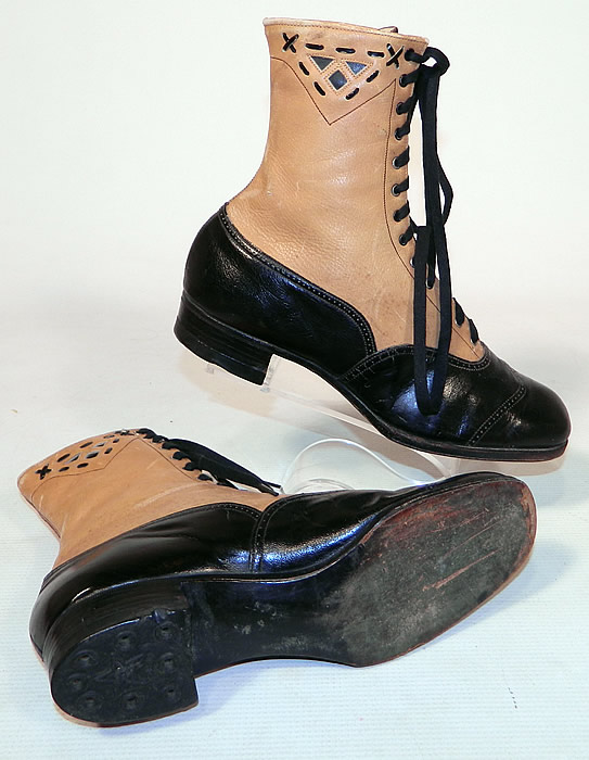 Edwardian Black & Tan Two Tone Leather Lacing Cutouts High Top Boots Shoes
They have been gently worn and are in good condition, with only a few faint water spot stains on the leather. These are truly a beautiful quality made boots!