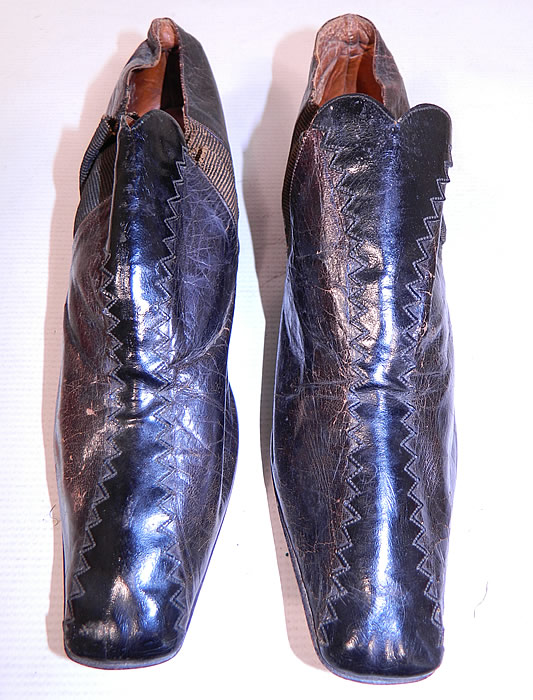 Victorian Brown & Black Leather Crooked Sole Square Toe Dainty Ankle Half Boots
They are lined in leather. The shoes measure 10 1/2 inches long and 3 inches wide.