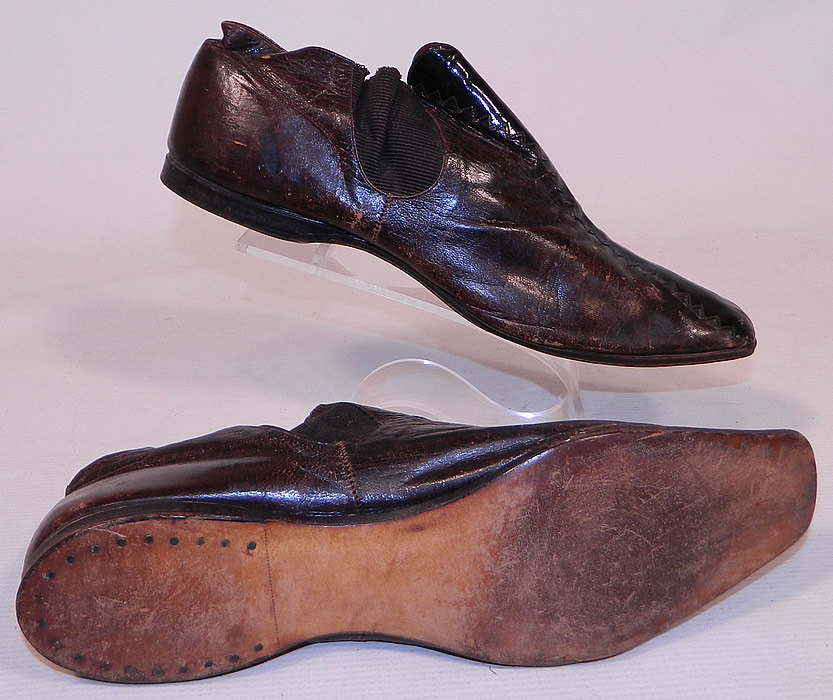 Victorian Brown & Black Leather Crooked Sole Square Toe Dainty Ankle Half Boots
They are in good condition, with only some minor wear and scuffs. These are a rare and early find of antique Victoriana shoe art!