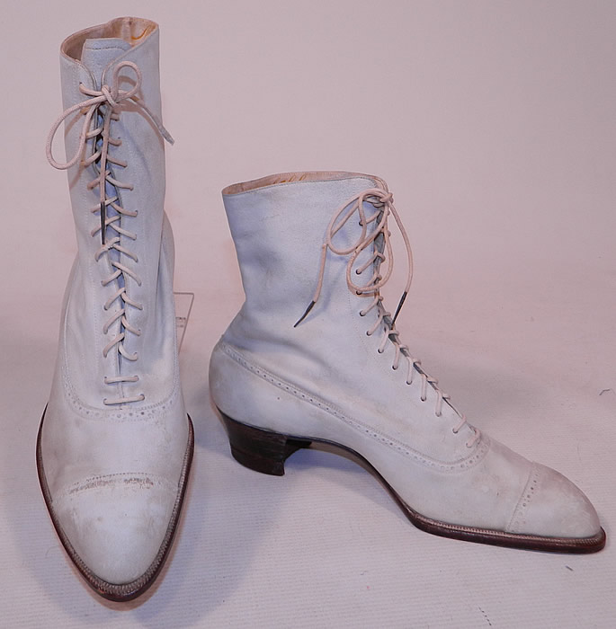 Vintage Nihleen NY Label Victorian White Suede Leather High Top Lace-up Boots

