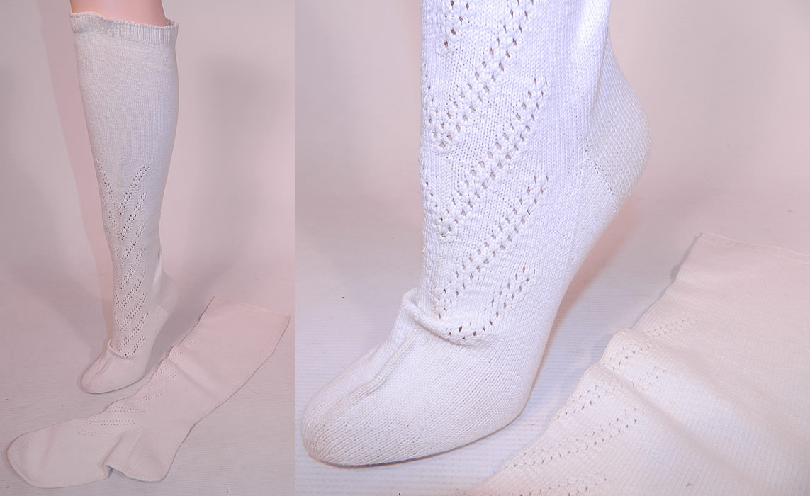 Victorian White Cotton Knit & Embroidered Thigh High Stockings Socks 2 Pairs
They measure 17 inches long, with an 8 1/2 inch long foot and appear to have never been worn, in excellent clean condition. The second pair is made of an off white cream color fine cotton knit fabric, with a colorful embroidered floral leaf pattern design on the bottom front leg.