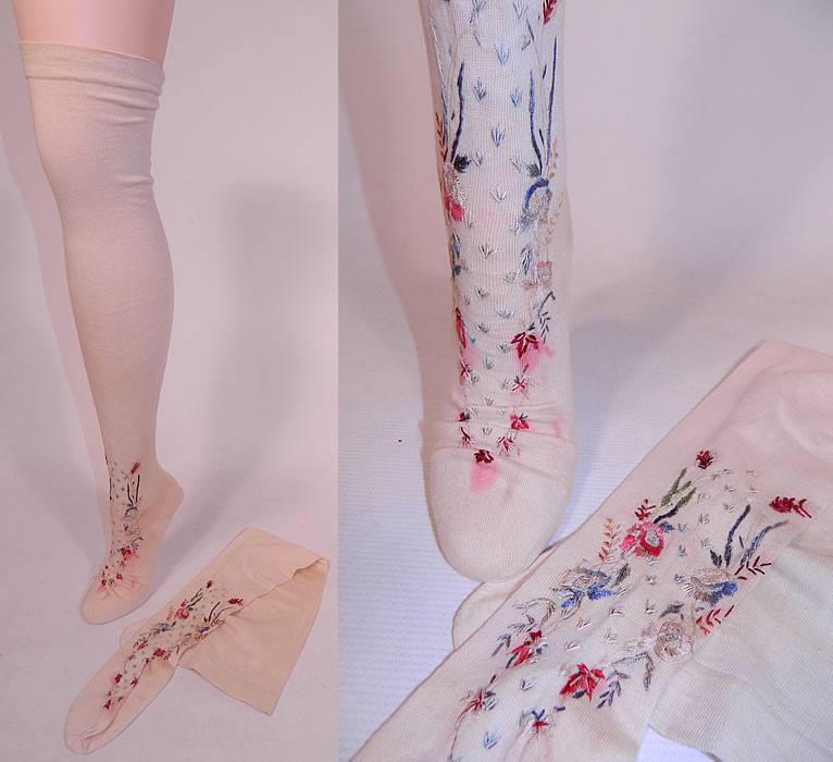 Victorian White Cotton Knit & Embroidered Thigh High Stockings Socks 2 Pairs
They measure 28 inches long, with an 8 inch long foot and have some color bleed stains. These are truly a wonderful piece of antique Victoriana wearable art! 