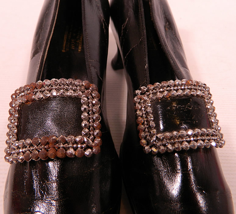 Edwardian Hanan & Son NY Black Patent Leather Steel Cut Buckle Shoes & Shoe Bag
 They have been gently worn and are in good condition, with only some rust discoloration on the steel cut buckles (see close-up). 