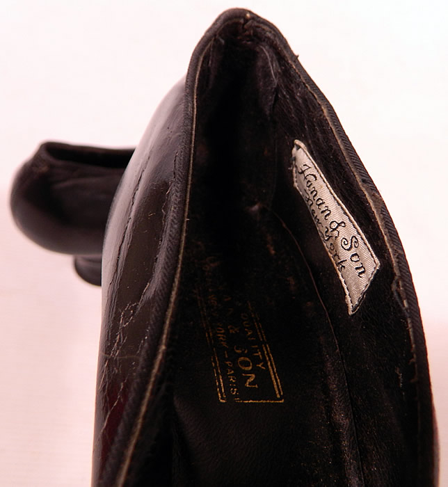 Edwardian Hanan & Son NY Black Patent Leather Steel Cut Buckle Shoes & Shoe Bag
They are lined in leather, with gold embossed lettering and a silk label from "Hanan & Son New York". 