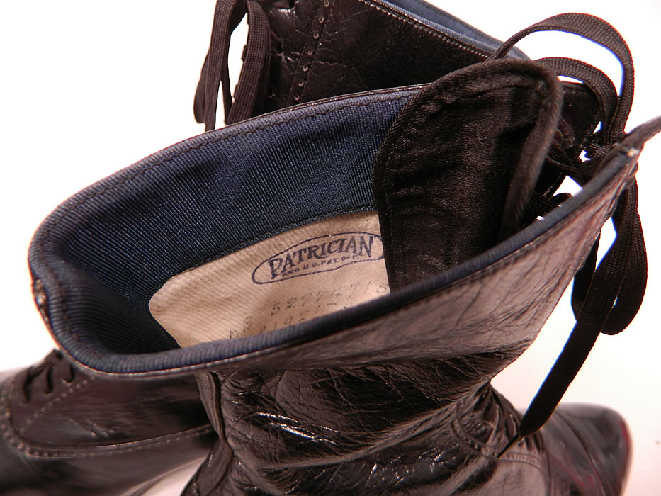 Unworn Victorian Vintage Patrician Label Black Leather High Top Lace-up Boots
They are stamped inside "Patrician". The boots measure 9 inches tall, 11 inches long, 3 inches wide, with 2 inch high heels. 