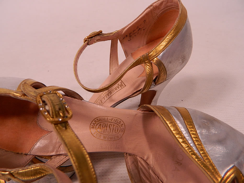 Vintage Marshal Field & Co Aristo Art Deco Silver Gold Leather Ankle Strap Evening Shoes
They are lined with stamped insoles from "Marshall Field & Co. Chicago Aristo For Women" store label inside. T