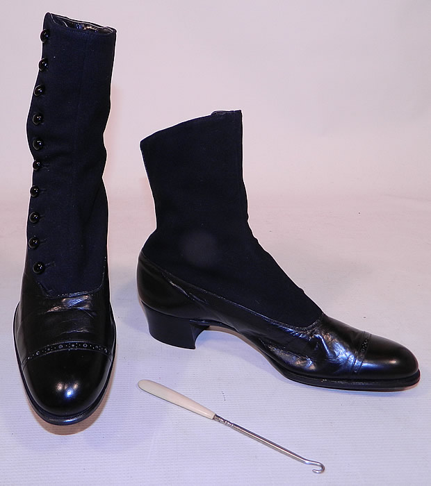 Victorian Black Wool & Leather High Top Button Boots T.E. Moseley Co. Boston
They are made of a supple black leather bottom shoe, with a black wool fabric top.