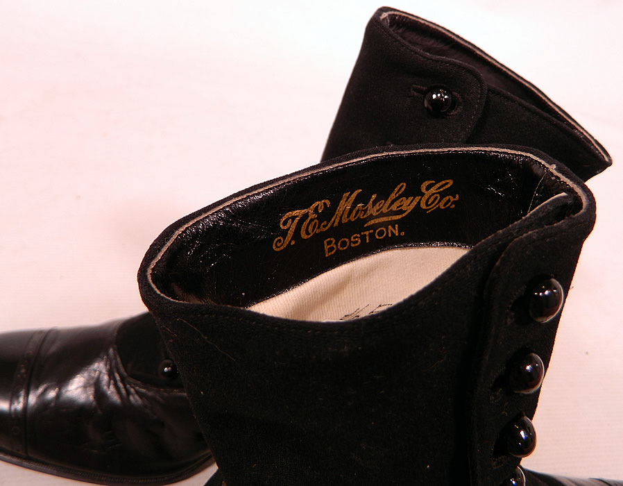 Victorian Black Wool & Leather High Top Button Boots T.E. Moseley Co. Boston
They are stamped inside "T.E. Moseley Co. Boston."